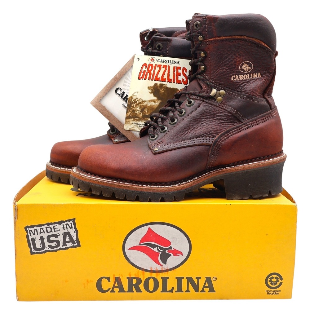 Carolina Grizzlies Work Boots Mens 9 D Vintage USA Brown Leather Logger 989 NEW